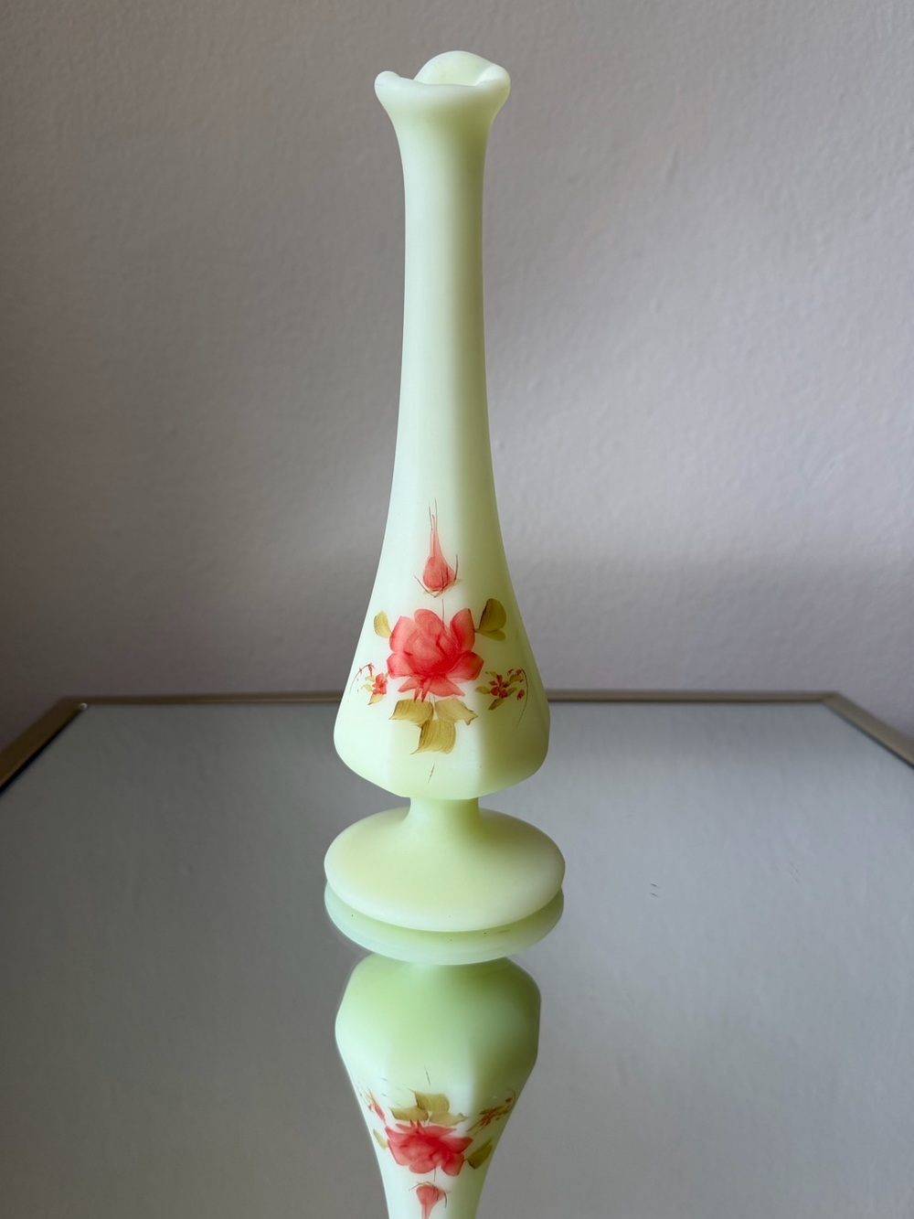 Vintage Fenton Custard Satin Glass Bud Vase Hand Painted Pink Rose Signed